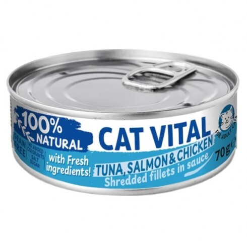 Cat Vital konzerv tonhal, lazac és csirkefilé falatok felnőtt macskáknak szószban 70g