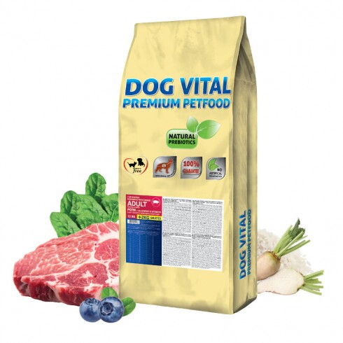 Dog Vital Hipoallergén Top Energy Adult Medium&Maxi Pork, blueberry&spinach 12+2kg grátisz