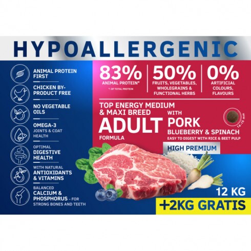 Dog Vital Hipoallergén Top Energy Adult Medium&Maxi Pork, blueberry&spinach 12+2kg grátisz