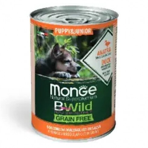Monge BWild Grain Free Dog Puppy/Junior konzerv - Kacsa,sütőtök, cukkini 400g