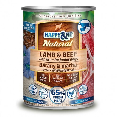 Happy&Fit Natural Dog Konzerv Junior Bárány & Marha Rizzsel & Lenmagolajjal 400g