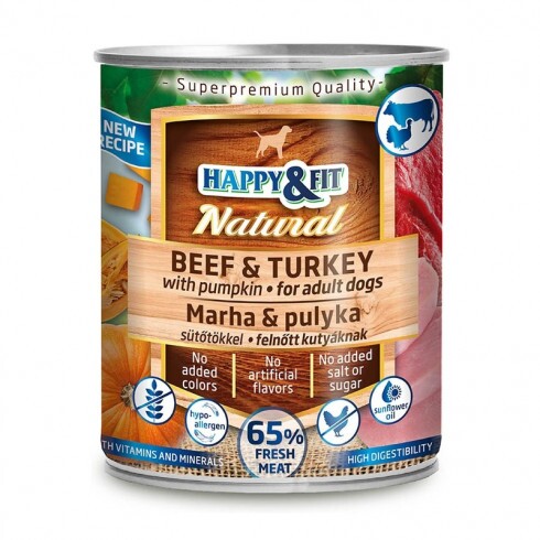 Happy&Fit Natural Dog Konzerv Marha&pulyka sütőtökkel 800g