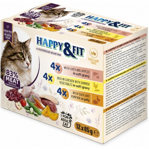 Happy&Fit Cat Adult Grain Free Alutasak 83%Meat, Liver,Chicken, Duck Multipack 12x85g