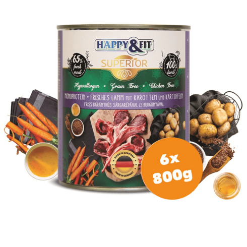 Happy&Fit Superior Dog konzerv friss bárányhús sárgarépával, burgonyával 6x800g