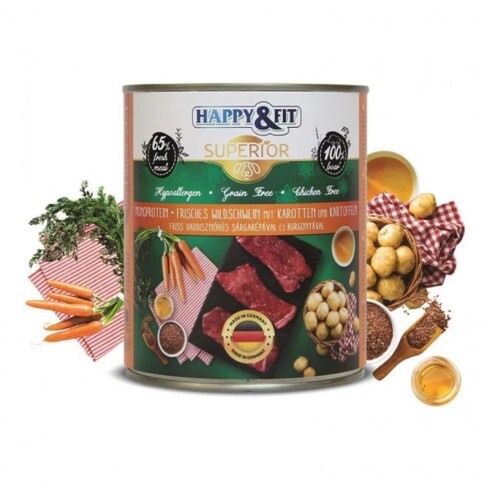 Happy&Fit Superior Dog Monoprotein konzerv friss vaddisznóhús sárgarépával, burgonyával 800g