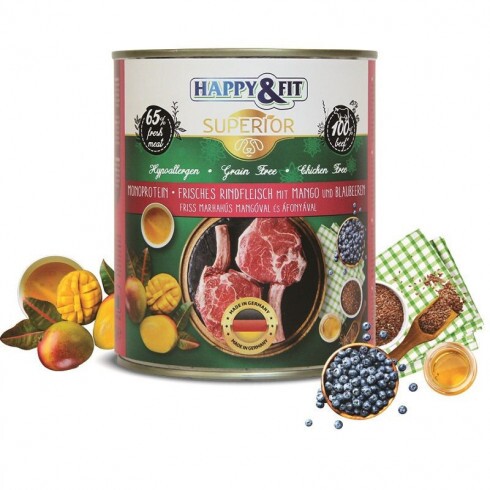 Happy&Fit Superior Dog konzerv friss marhahús mangóval, áfonyával 800g