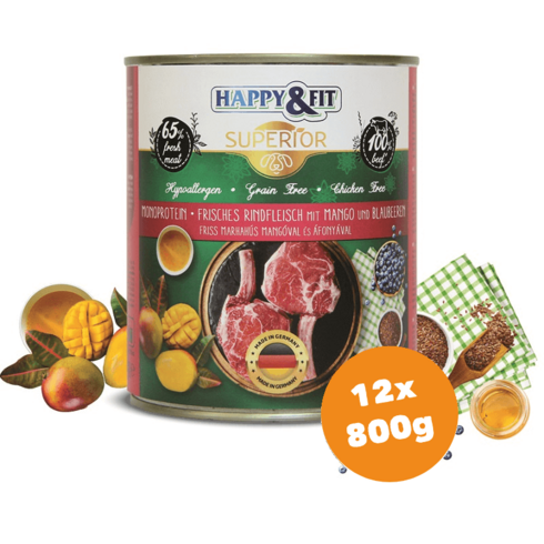 Happy&Fit Superior Dog Konzerv Friss Marhahús mangóval, áfonyával 12x800g