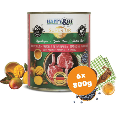 Happy&Fit Superior Dog Konzerv Friss Marhahús mangóval, áfonyával 6x800g