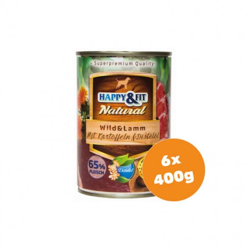 Happy&Fit Natural Dog konzerv vadhús, bárány burgonyával és sáfrányolajjal 6x400g