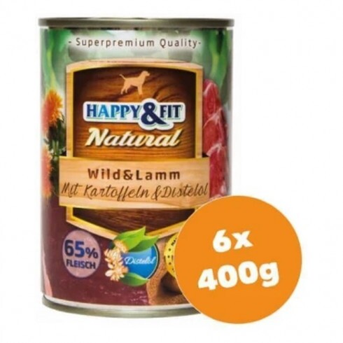 Happy&Fit Natural Dog konzerv vadhús, bárány burgonyával és sáfrányolajjal 6x400g