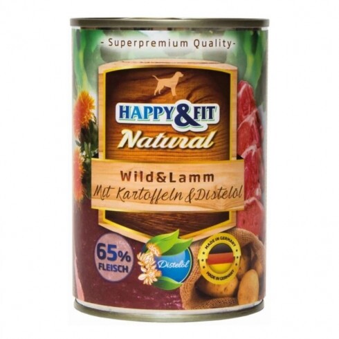 Happy&Fit Natural Dog konzerv vadhús, bárány burgonyával és sáfrányolajjal 400g