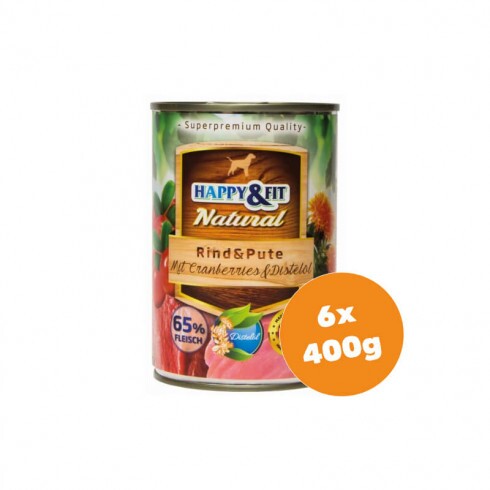 Happy&Fit Natural Dog konzerv marha, pulyka áfonyával és sáfrányolajjal 6x400g