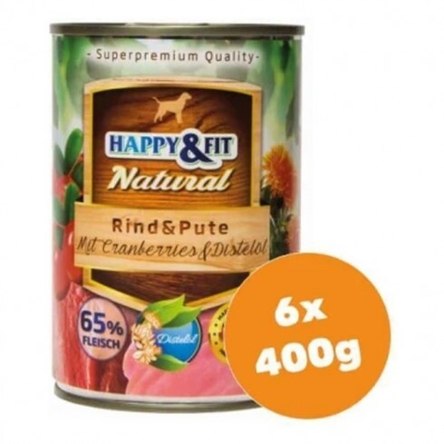 Happy&Fit Natural Dog konzerv marha, pulyka áfonyával és sáfrányolajjal 6x400g