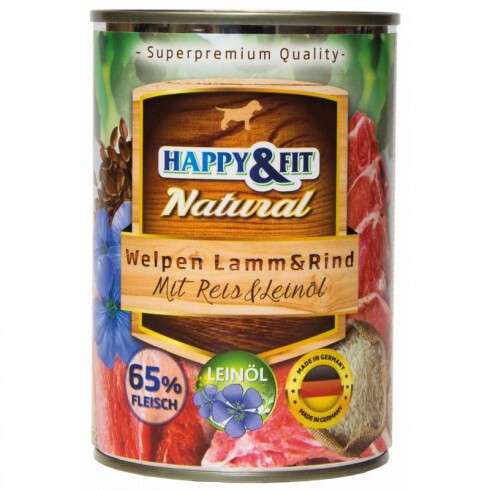 Happy&Fit Natural Dog Konzerv Junior Bárány & Marha Rizzsel & Lenmagolajjal 400g