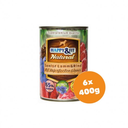 Happy&Fit Natural Dog konzerv senior bárány, marha zabliszttel és lenmagolajjal 6x400g
