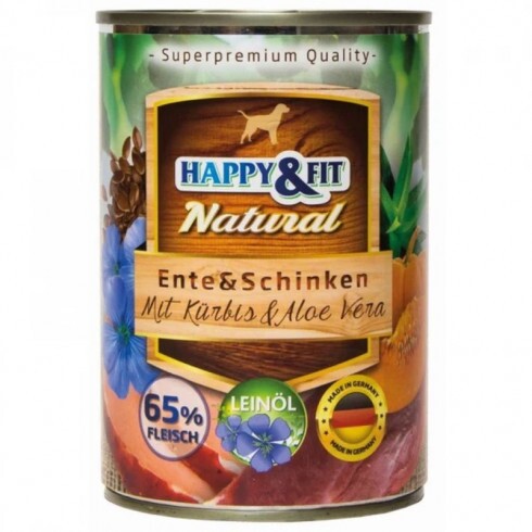 Happy&Fit Natural Dog konzerv kacsa, sonka sütőtökkel és aloe verával 400g