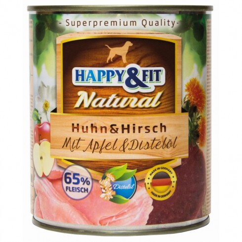 Happy&Fit Natural Dog Konzerv Csirke & Szarvas Almával & sáfrányolajjal 800g