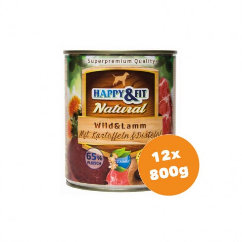 Happy&Fit Natural Dog konzerv vadhús, bárány burgonyával és sáfrányolajjal 12x800g