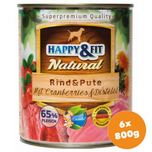 Happy&Fit Natural Dog konzerv marha, pulyka áfonyával és sáfrányolajjal 6x800g
