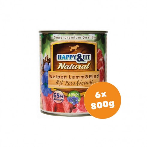 Happy&Fit Natural Dog konzerv junior bárány, marha rizzsel és lenmagolajjal6x800g