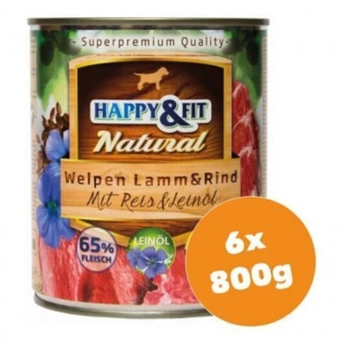 Happy&Fit Natural Dog konzerv junior bárány, marha rizzsel és lenmagolajjal6x800g
