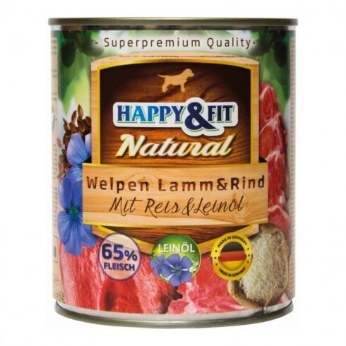 Happy&Fit Natural Dog konzerv junior bárány, marha rizzsel és lenmagolajjal 800g