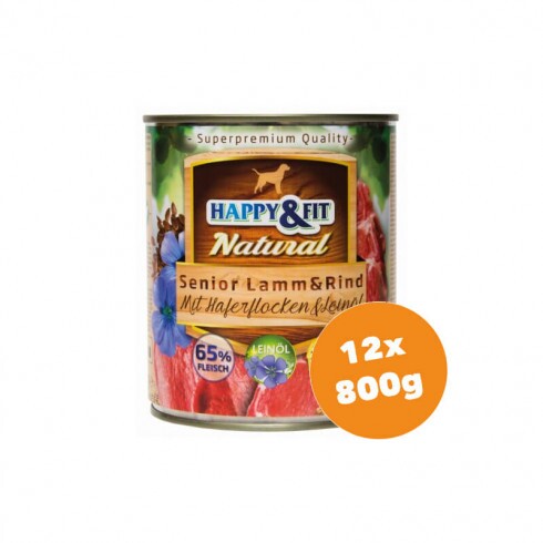 Happy&Fit Natural Dog konzerv senior bárány, marha zabliszttel és lenmagolajjal12x800g