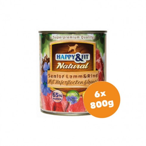 Happy&Fit Natural Dog konzerv senior bárány, marha zabliszttel és lenmagolajjal 6x800g