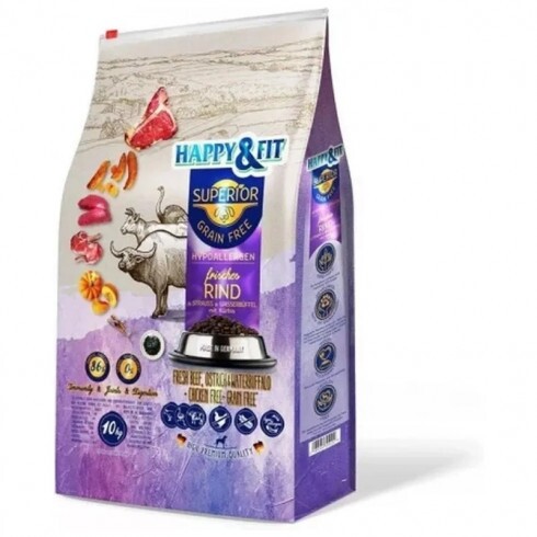Happy&Fit Superior Adult Hipoallergén, Gabonamentes Marha, strucc, vízibivaly, sütőtökkel 3x10kg