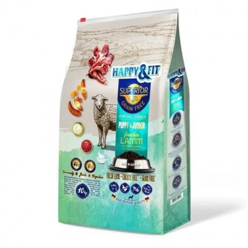Happy&Fit Superior Hipoallergén, Gabonamentes Puppy&Junior Friss bárány, édesburgonyával 2x10kg