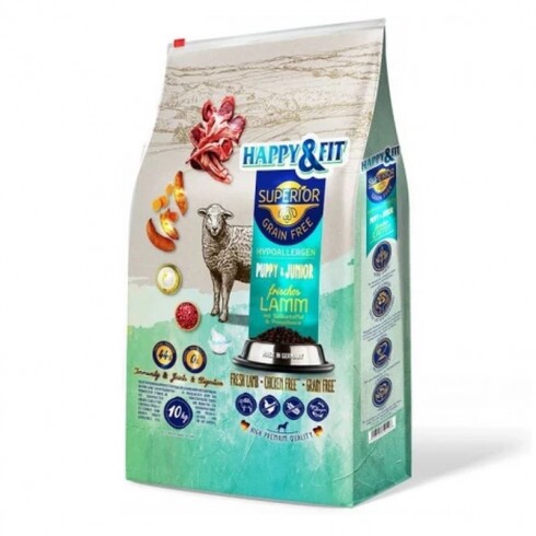 Happy&Fit Superior Hipoallergén, Gabonamentes Puppy&Junior Friss bárány, édesburgonyával 10kg