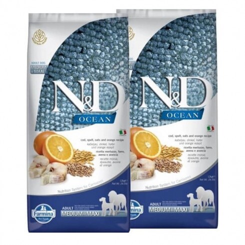 N&D Dog Ocean tőkehal, tönköly, zab & narancs adult medium & maxi 2x12kg