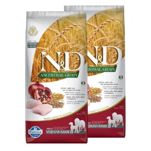 N&D Dog Ancestral Grain csirke, tönköly, zab & gránátalma adult medium & maxi 2x12kg