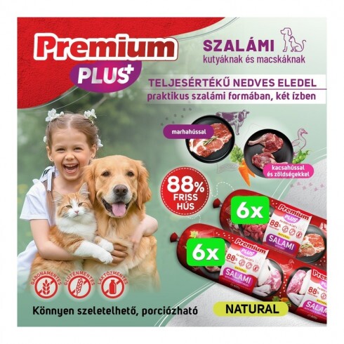 -Premium Plus kutya, macska szalámi 88% hús marha,kacsahús+zöldségek 800g 2*6db BOX