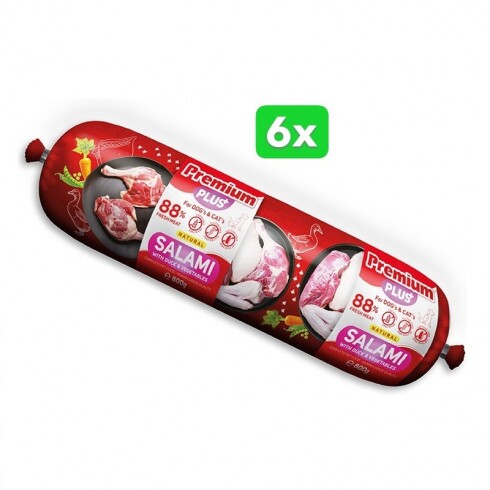 -Premium Plus kutya, macska szalámi 88% hús marha,kacsahús+zöldségek 800g 2*6db BOX