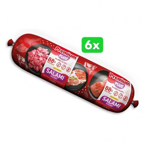 -Premium Plus kutya, macska szalámi 88% hús marha,kacsahús+zöldségek 800g 2*6db BOX
